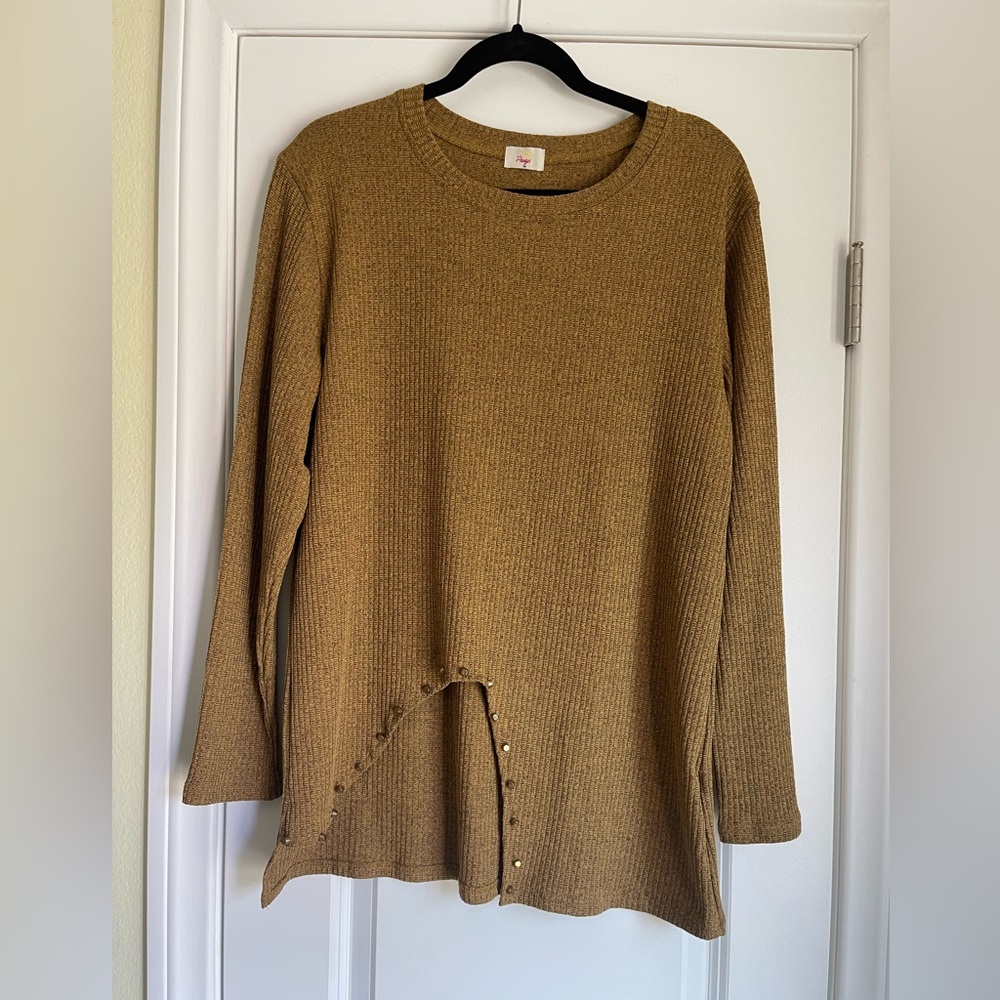 Paige Women's Medium Long Sleeve Ribbed Lightweight Sweater Ochre Studded Detail
